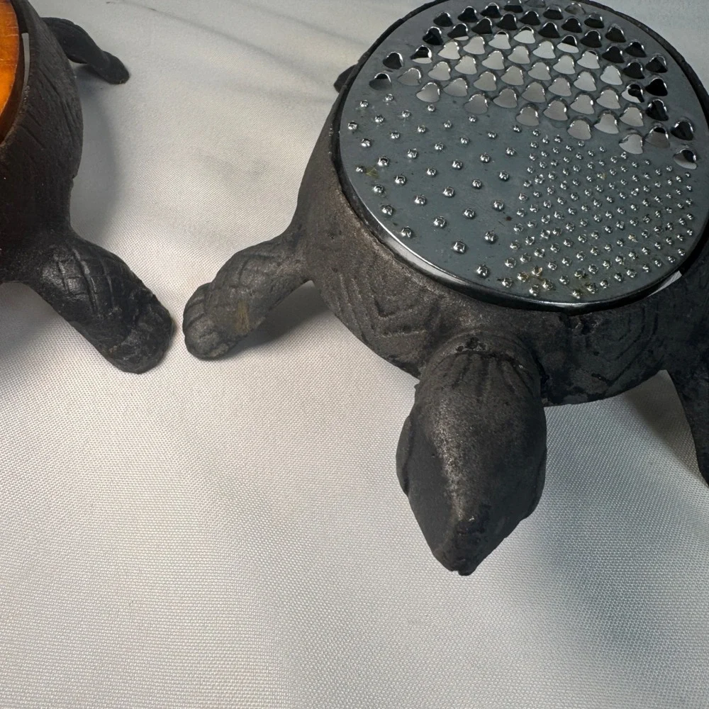 Vintage Cast Iron Turtle Cheese Grater and Wood Trivet Set Black Rustic Decor